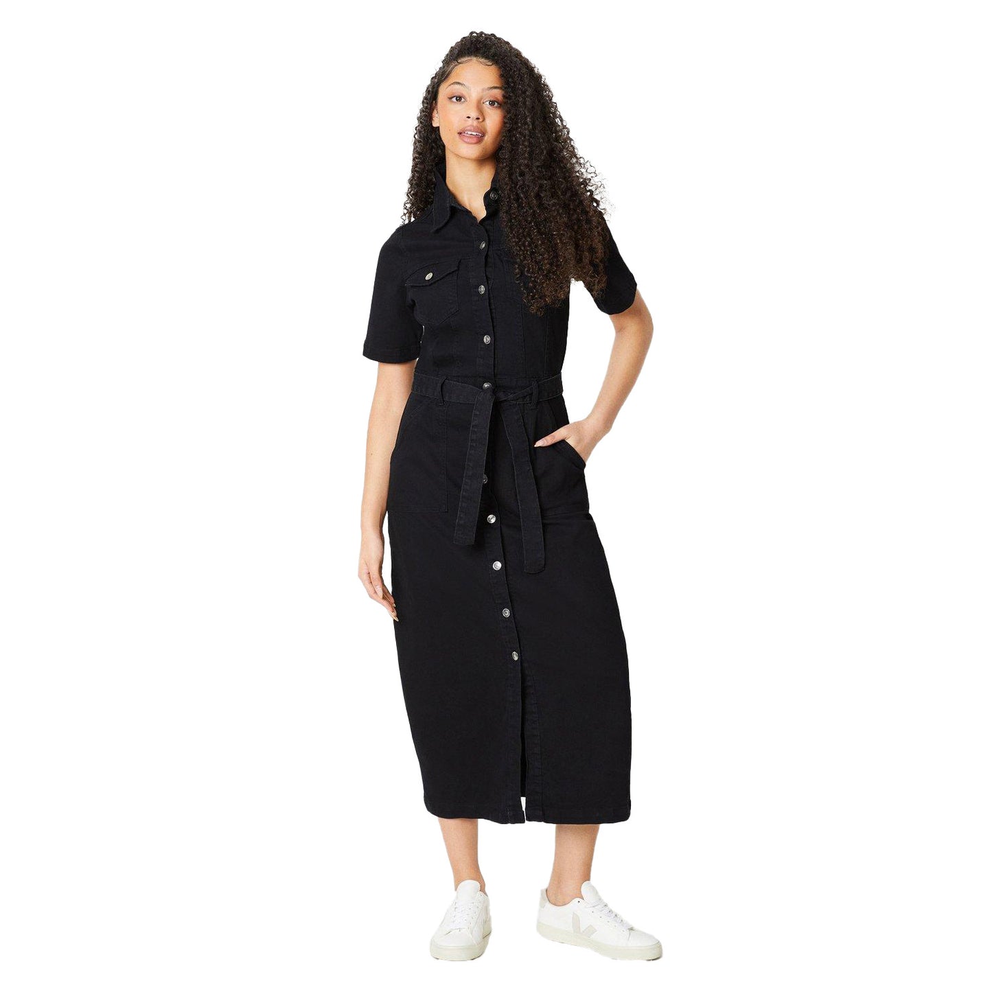 Black - Side - Dorothy Perkins Womens-Ladies Denim Tall Short-Sleeved Midi Dress
