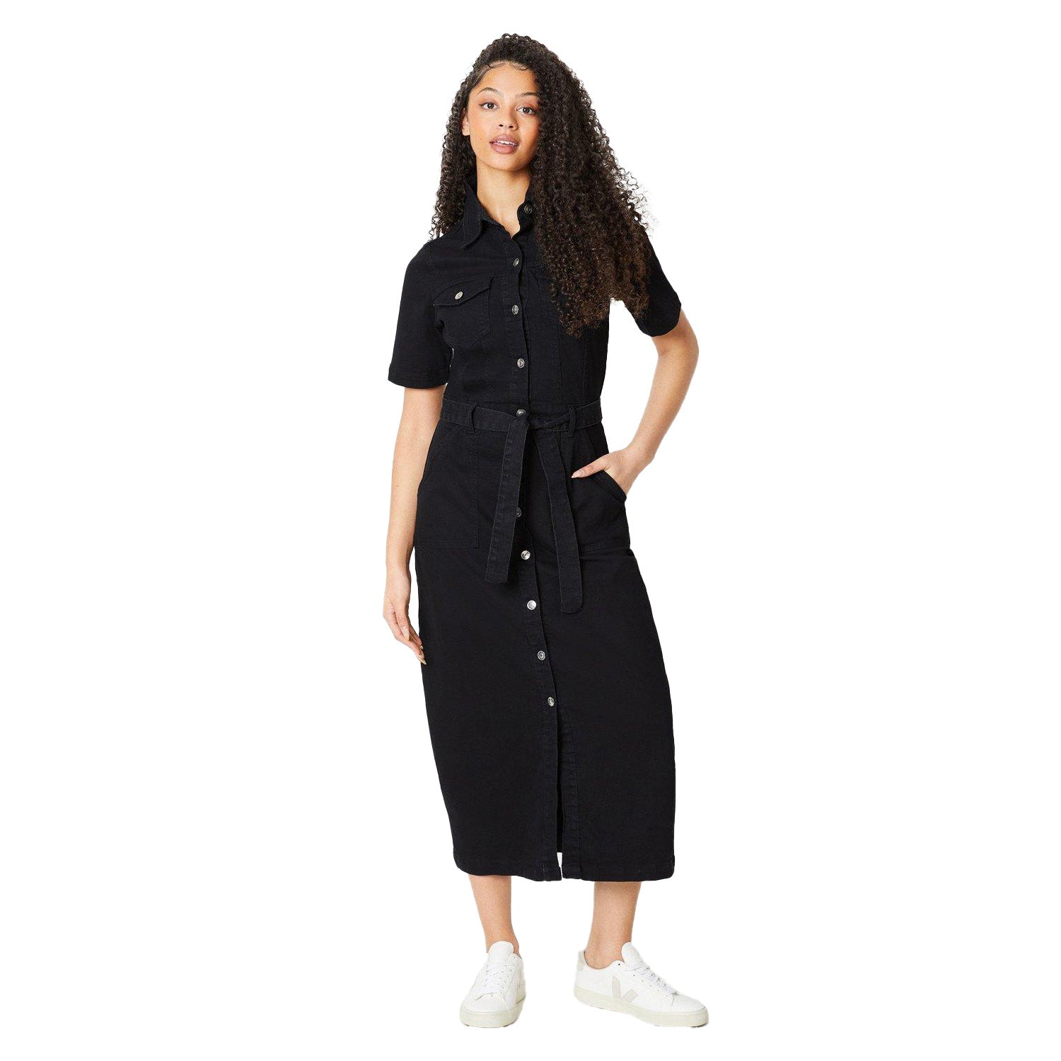 Black - Side - Dorothy Perkins Womens-Ladies Denim Tall Short-Sleeved Midi Dress