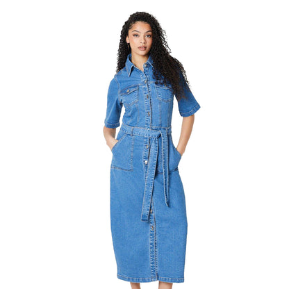 Mid Wash - Front - Dorothy Perkins Womens-Ladies Denim Tall Short-Sleeved Midi Dress