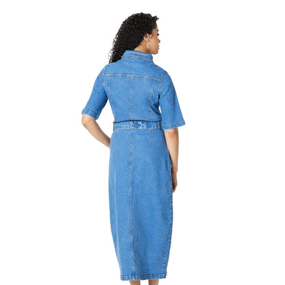 Mid Wash - Back - Dorothy Perkins Womens-Ladies Denim Tall Short-Sleeved Midi Dress