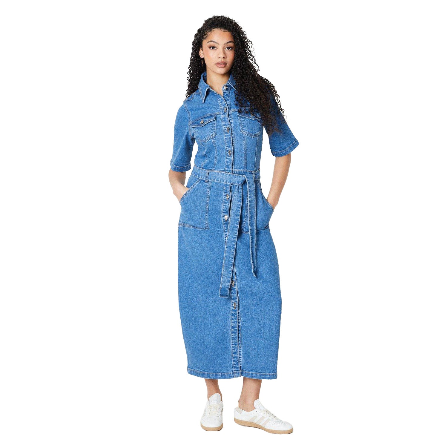 Mid Wash - Side - Dorothy Perkins Womens-Ladies Denim Tall Short-Sleeved Midi Dress