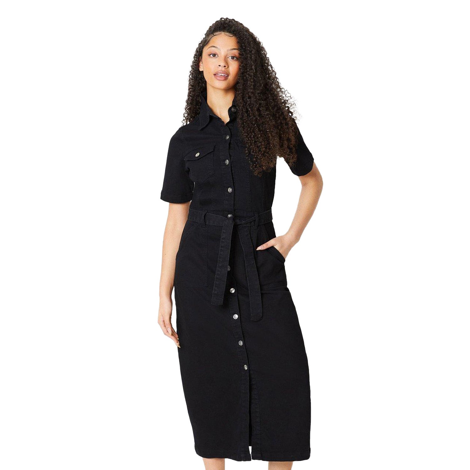 Black - Front - Dorothy Perkins Womens-Ladies Denim Tall Short-Sleeved Midi Dress