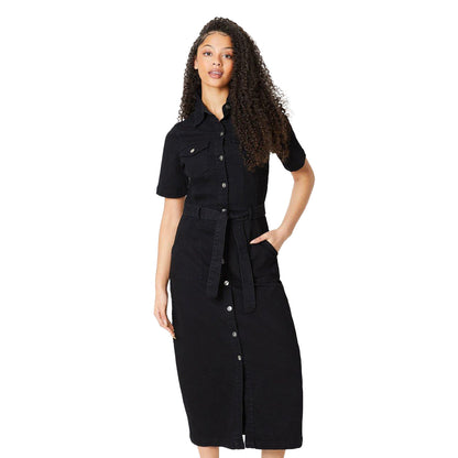 Black - Front - Dorothy Perkins Womens-Ladies Denim Tall Short-Sleeved Midi Dress