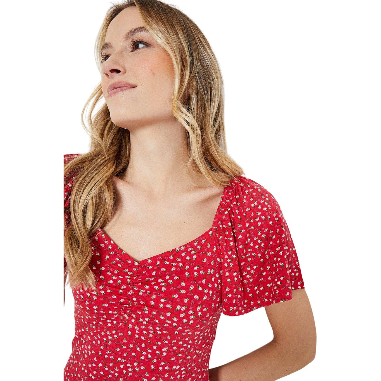Red - Side - Dorothy Perkins Womens-Ladies Abstract Ruched Flutter Midi Dress