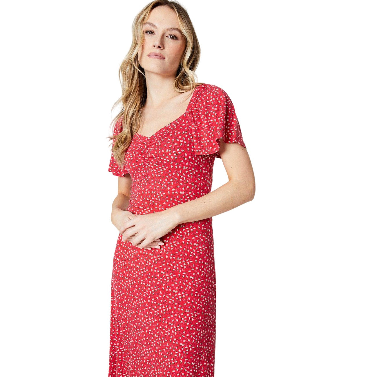 Red - Lifestyle - Dorothy Perkins Womens-Ladies Abstract Ruched Flutter Midi Dress