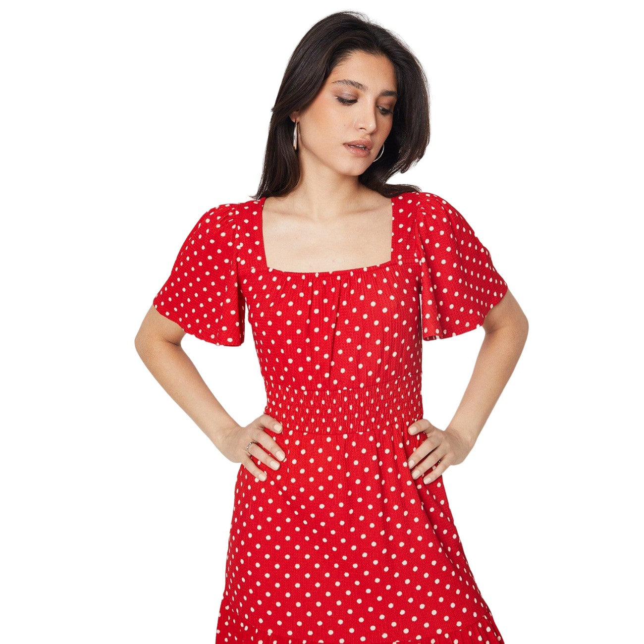 Red - Side - Dorothy Perkins Womens-Ladies Spotted Tiered Flutter Midi Dress