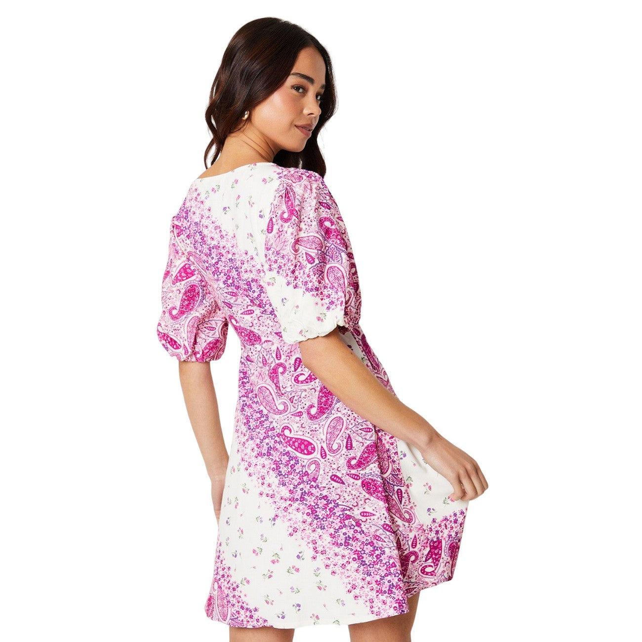 Pink-White - Back - Dorothy Perkins Womens-Ladies Wrap Petite Puff Sleeve Mini Dress