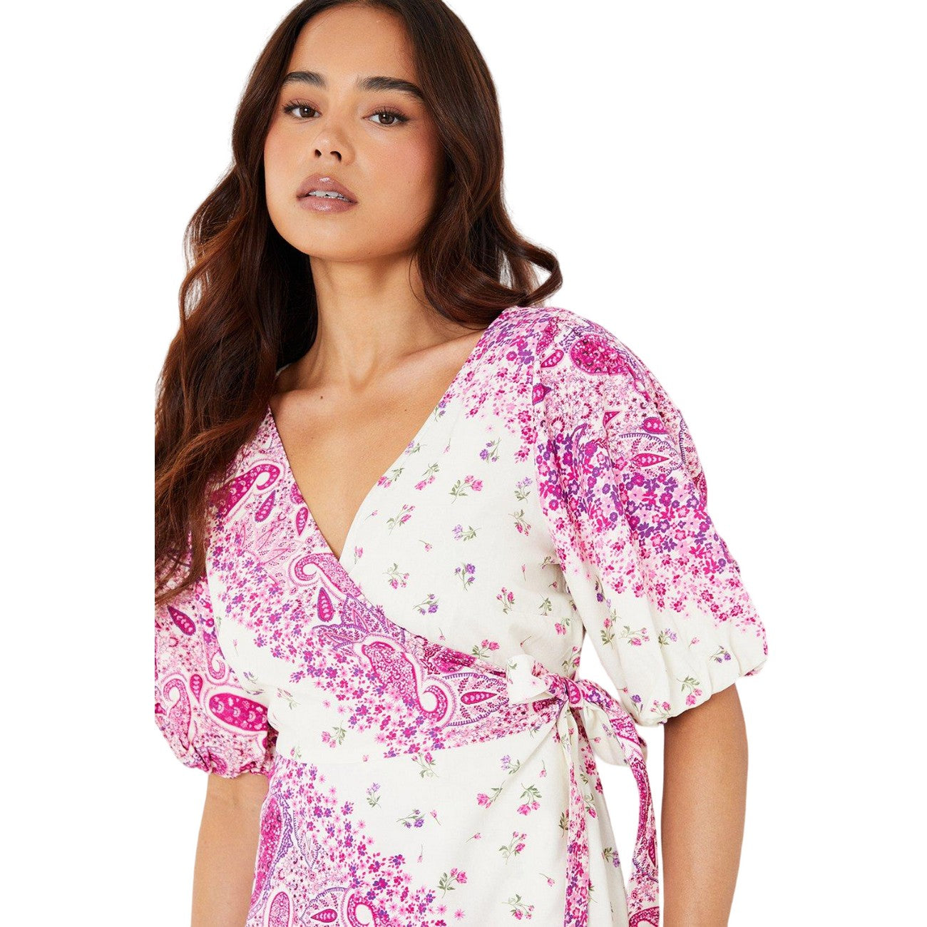 Pink-White - Side - Dorothy Perkins Womens-Ladies Wrap Petite Puff Sleeve Mini Dress