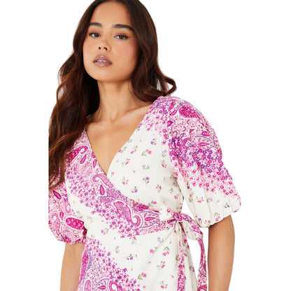 Pink-White - Side - Dorothy Perkins Womens-Ladies Wrap Petite Puff Sleeve Mini Dress