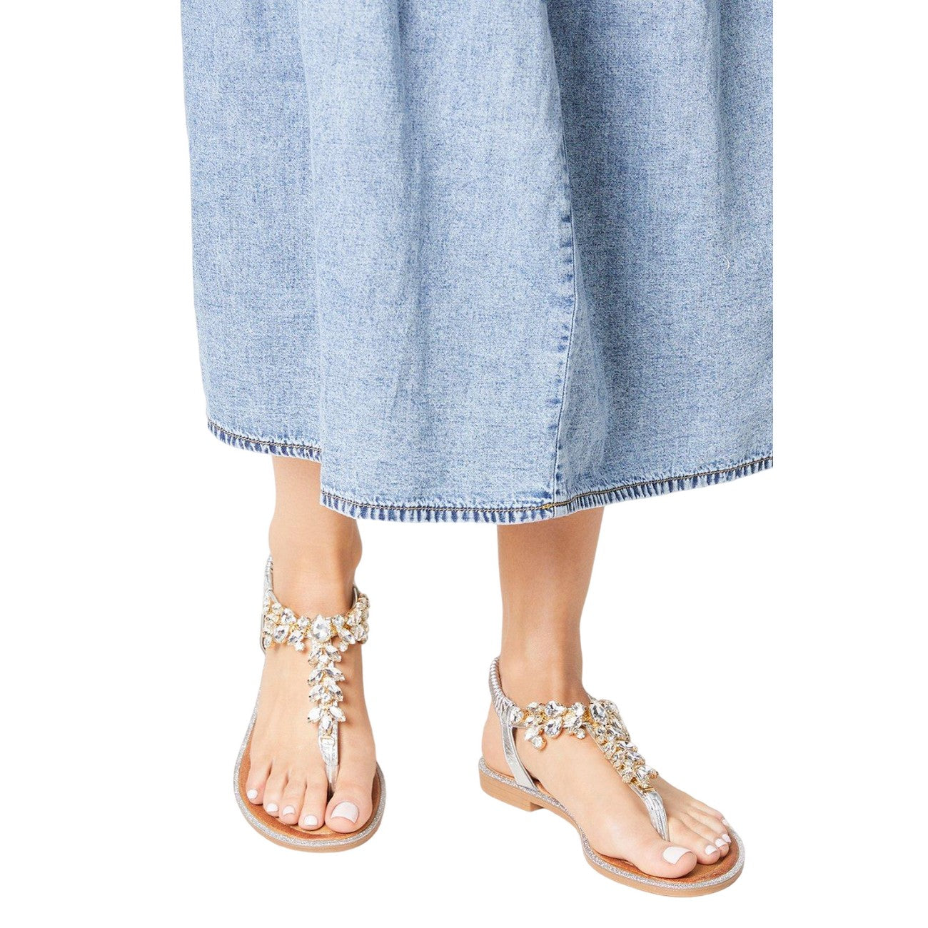 Silver - Side - Faith Womens-Ladies Mara Jewelled T-Bar Flat Sandals