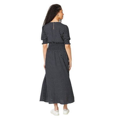 Black-White - Back - Dorothy Perkins Womens-Ladies Spotted Shirred Waist Tall Midi Dress