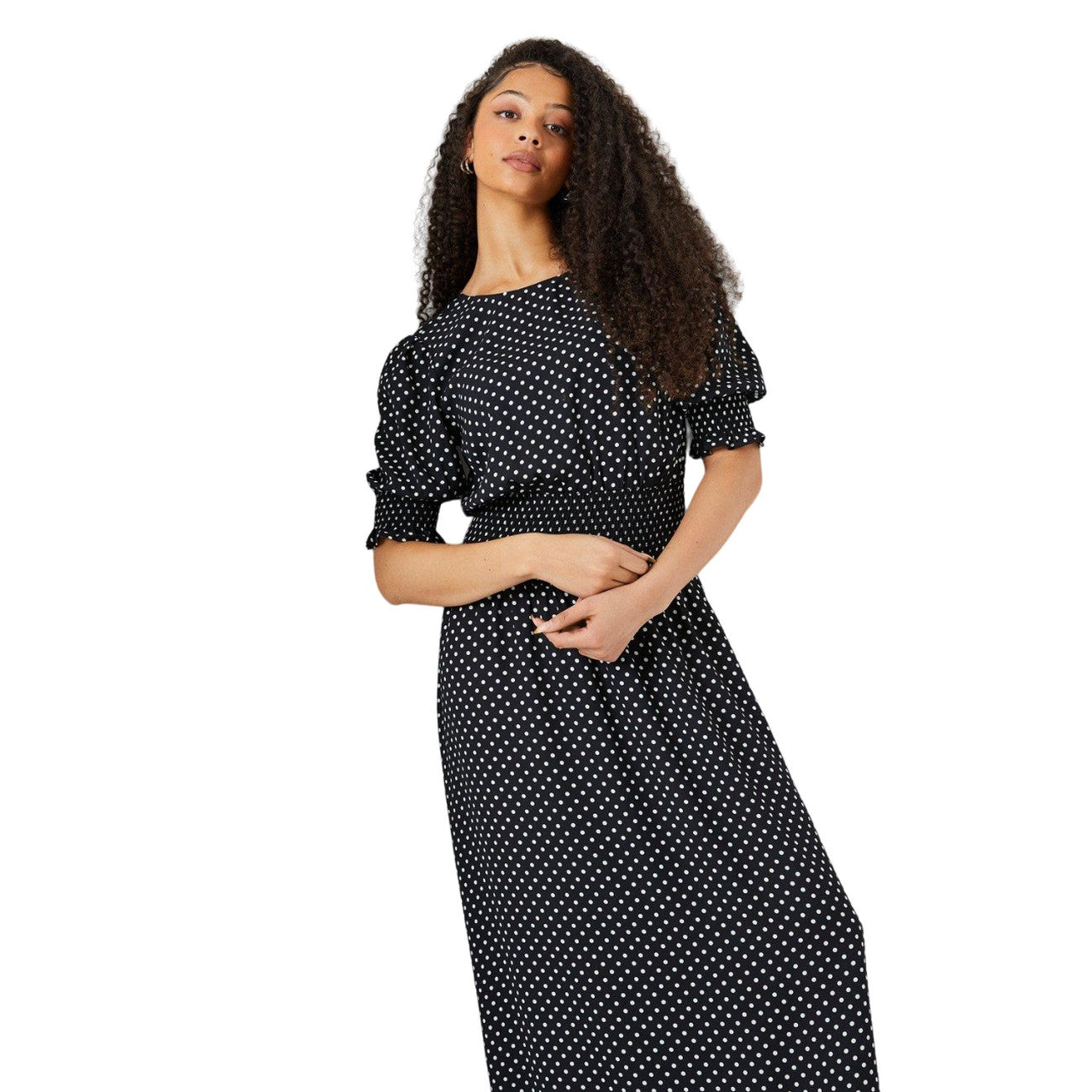 Black-White - Side - Dorothy Perkins Womens-Ladies Spotted Shirred Waist Tall Midi Dress
