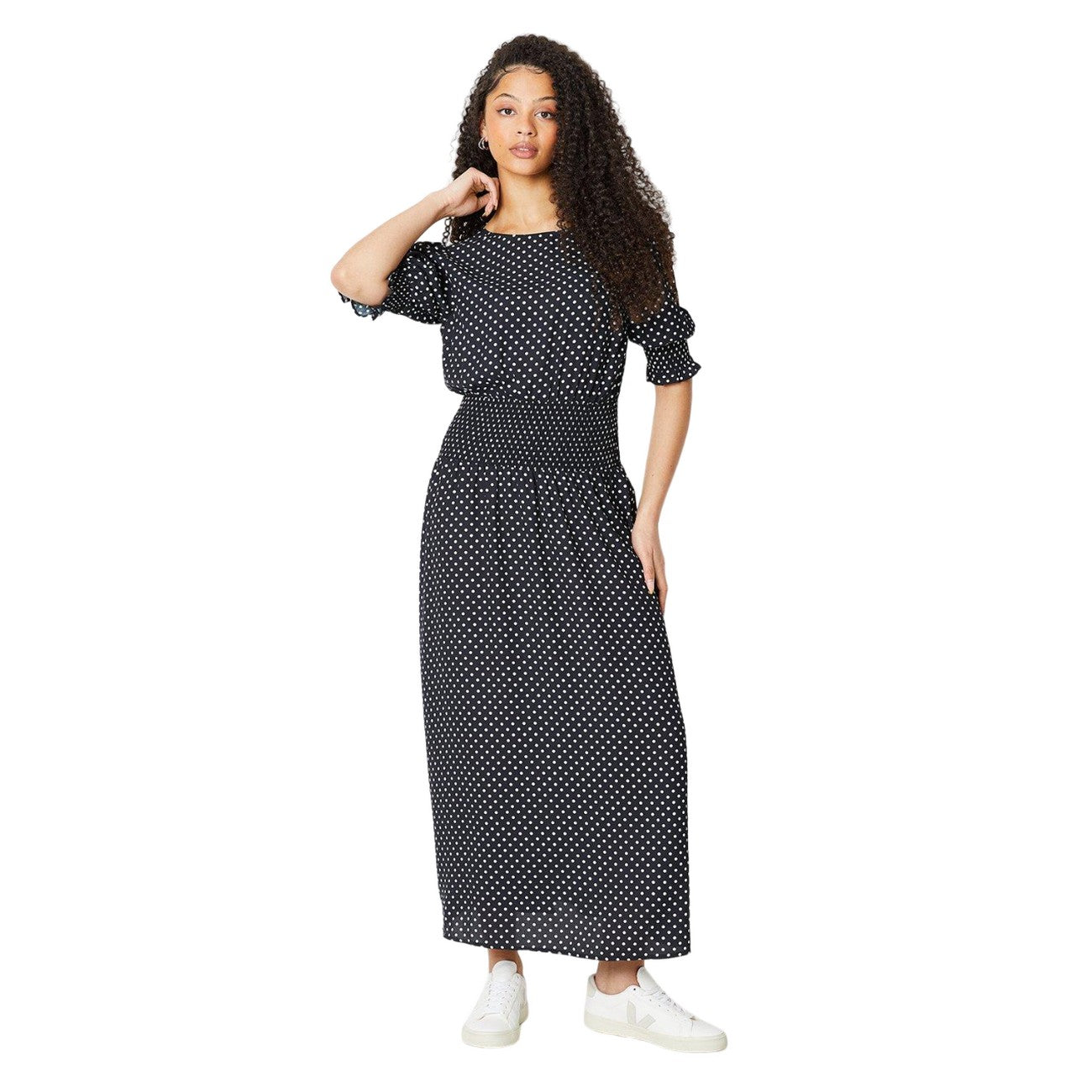 Black-White - Front - Dorothy Perkins Womens-Ladies Spotted Shirred Waist Tall Midi Dress