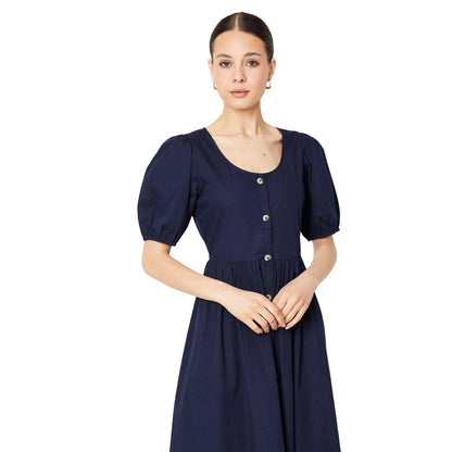 Navy - Side - Dorothy Perkins Womens-Ladies Poplin Button Through Puff Sleeve Midi Dress