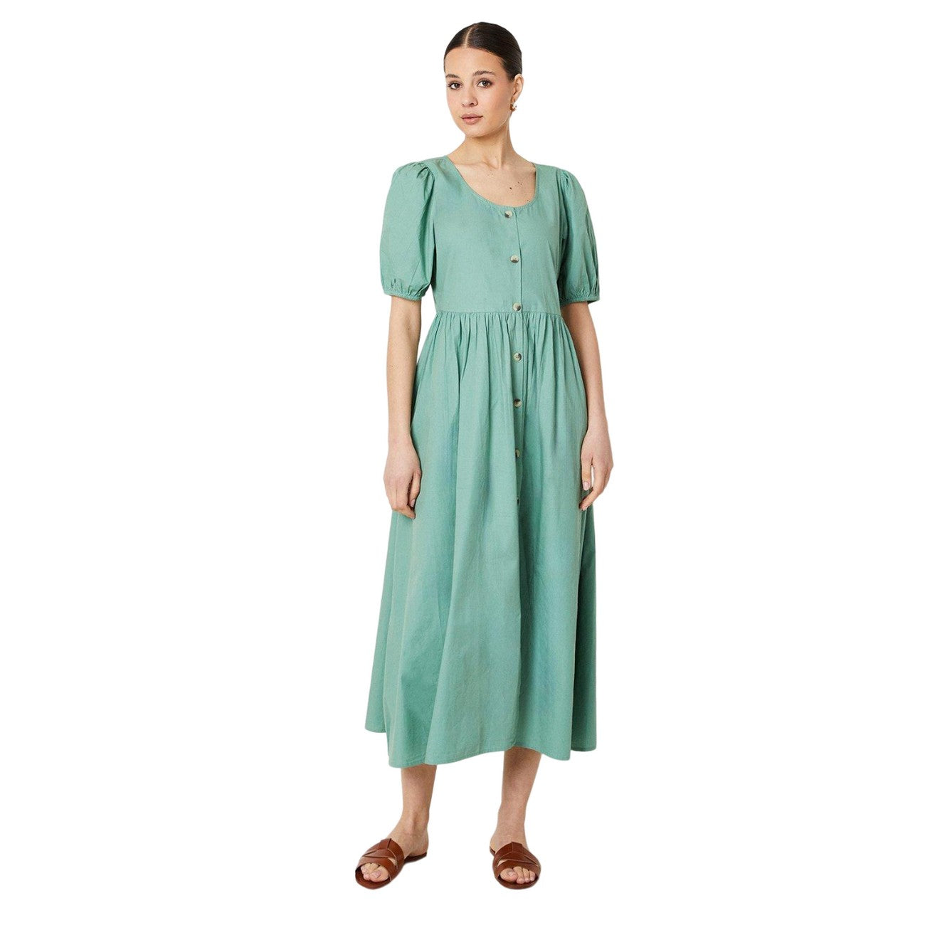 Sage - Front - Dorothy Perkins Womens-Ladies Poplin Button Through Puff Sleeve Midi Dress