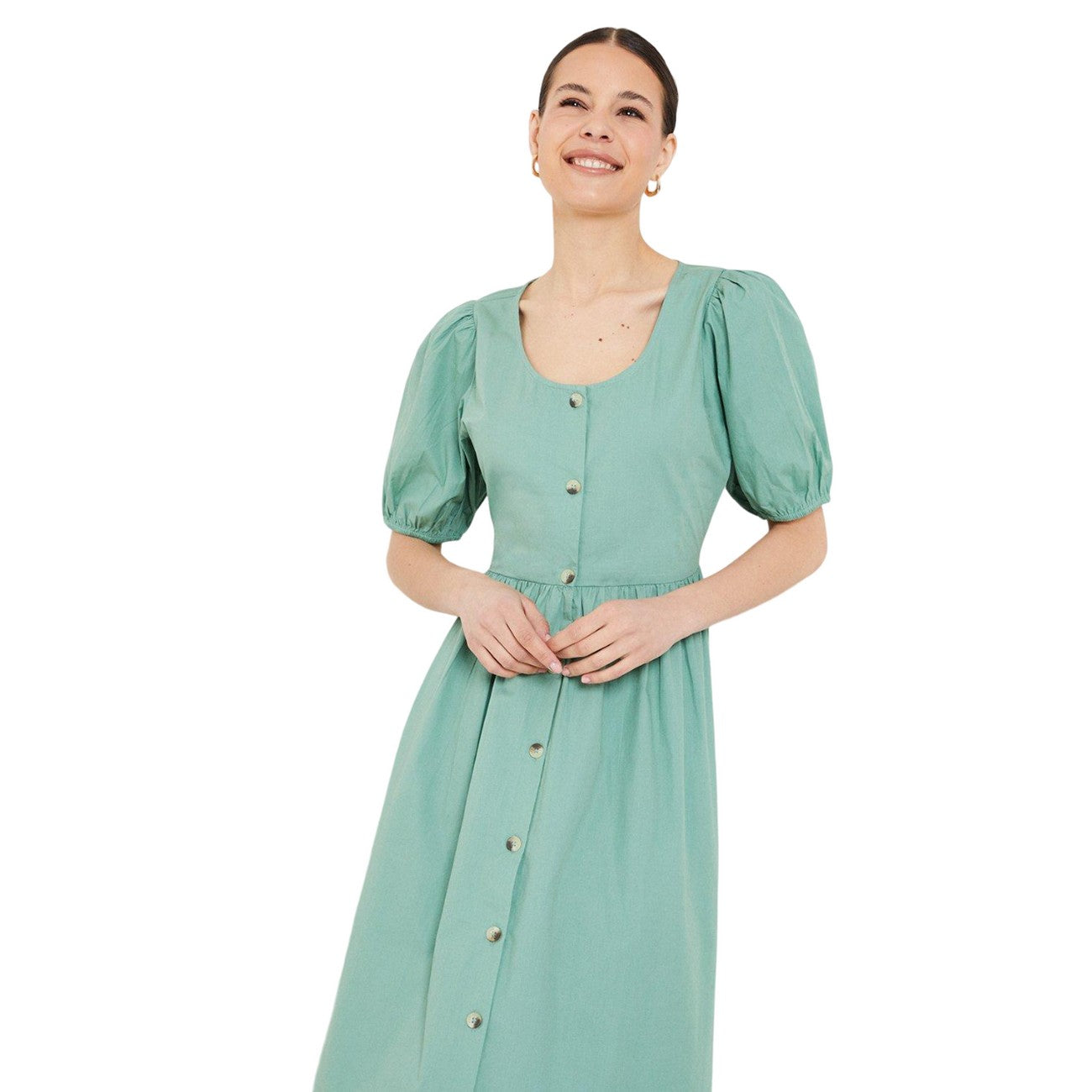 Sage - Side - Dorothy Perkins Womens-Ladies Poplin Button Through Puff Sleeve Midi Dress