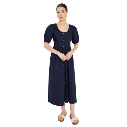 Navy - Front - Dorothy Perkins Womens-Ladies Poplin Button Through Puff Sleeve Midi Dress