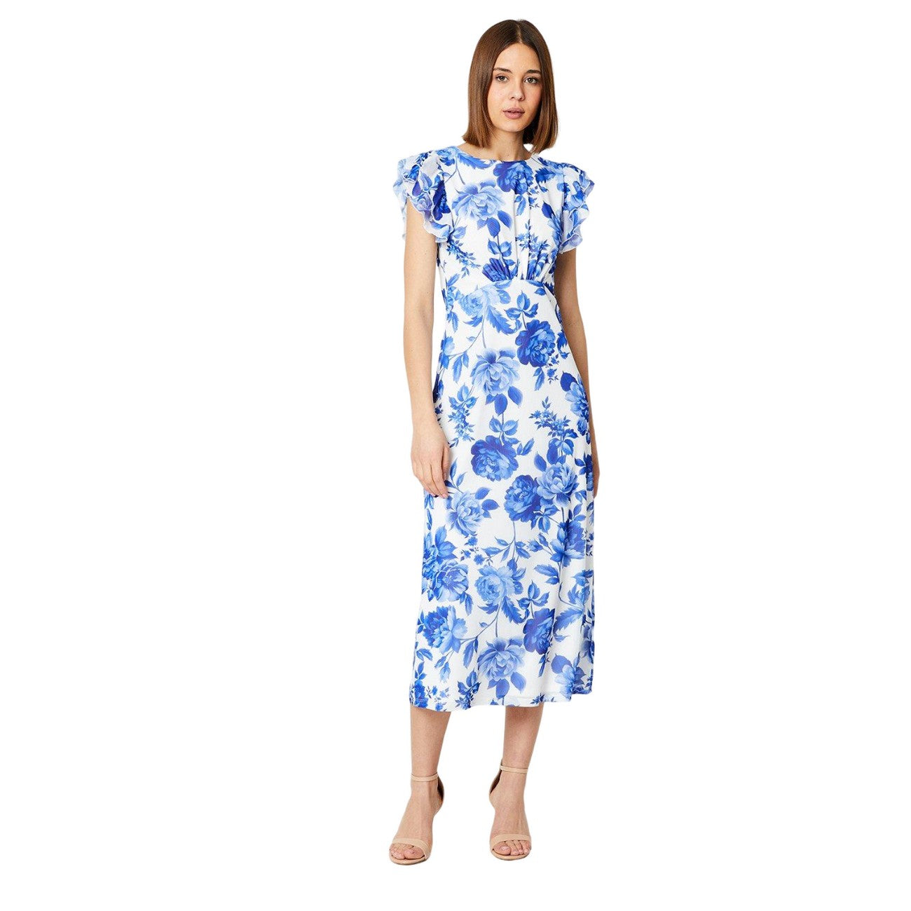 Blue-White - Front - Dorothy Perkins Womens-Ladies Empire Seam Frill Midi Dress