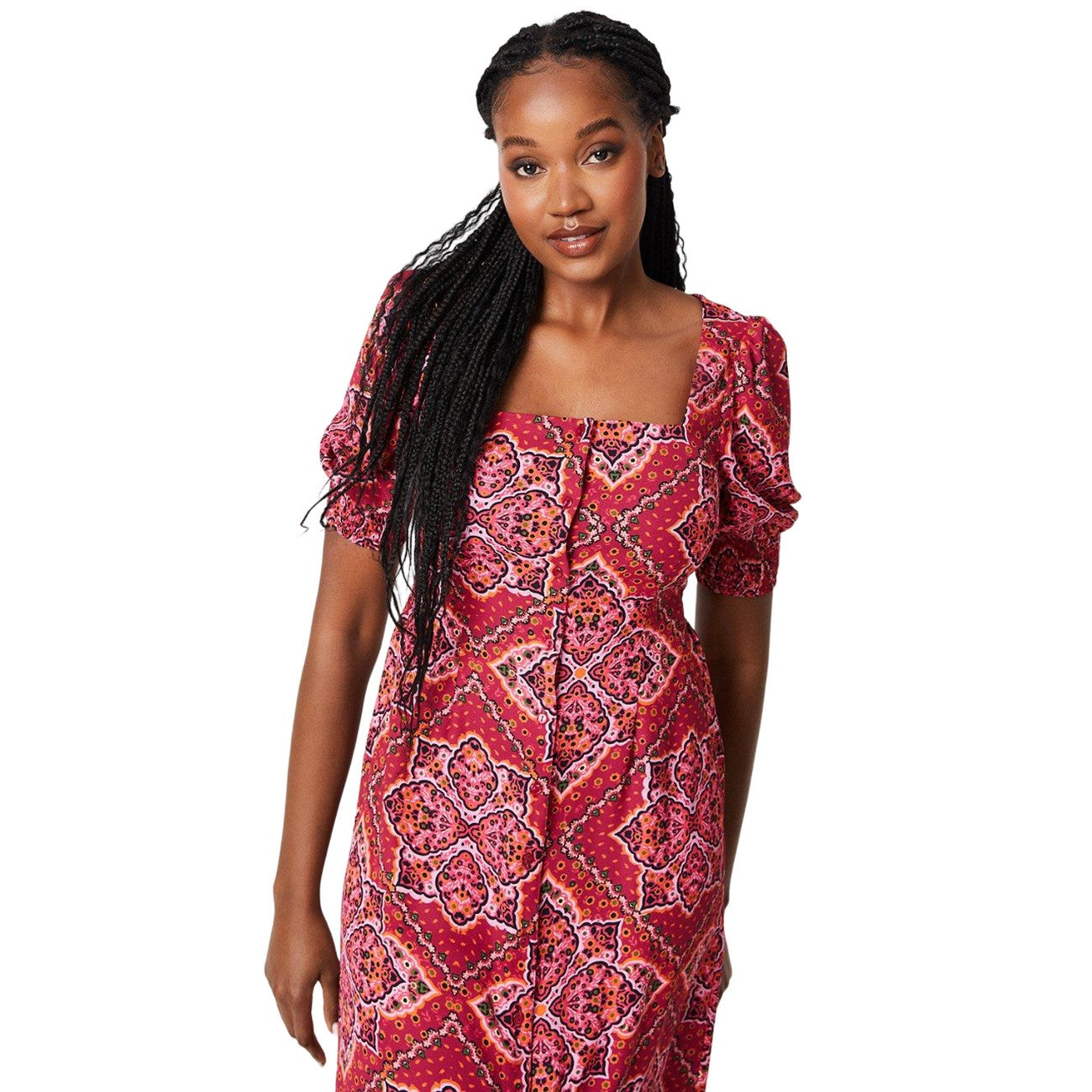 Red - Side - Dorothy Perkins Womens-Ladies Tile Print Shirred Cuff Midi Dress