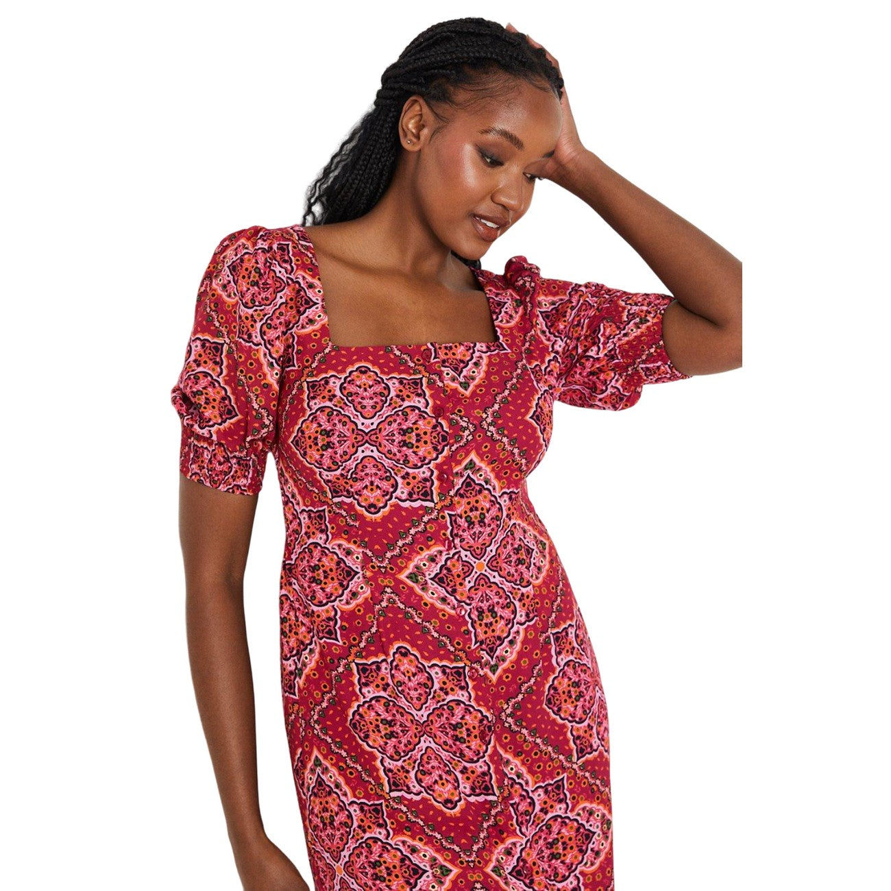 Red - Lifestyle - Dorothy Perkins Womens-Ladies Tile Print Shirred Cuff Midi Dress