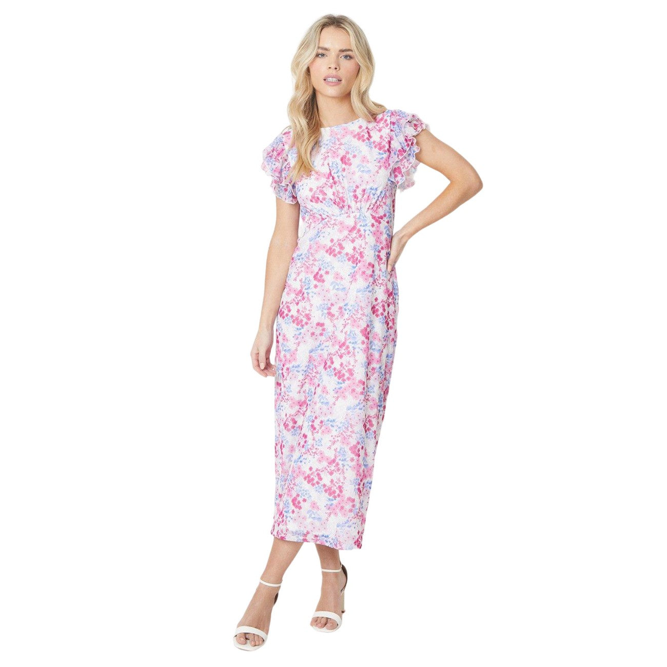 White-Pink-Blue - Front - Dorothy Perkins Womens-Ladies Empire Seam Petite Frill Midi Dress