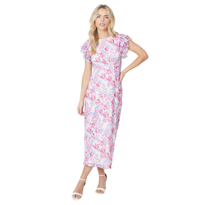 White-Pink-Blue - Front - Dorothy Perkins Womens-Ladies Empire Seam Petite Frill Midi Dress