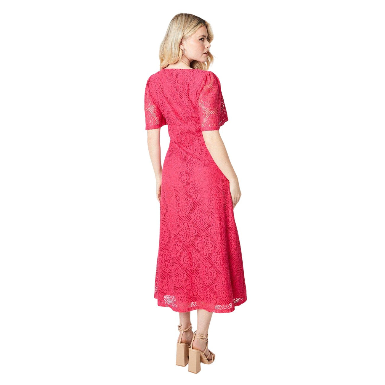 Hot Pink - Back - Dorothy Perkins Womens-Ladies Lace Detail Square Neck Midi Dress