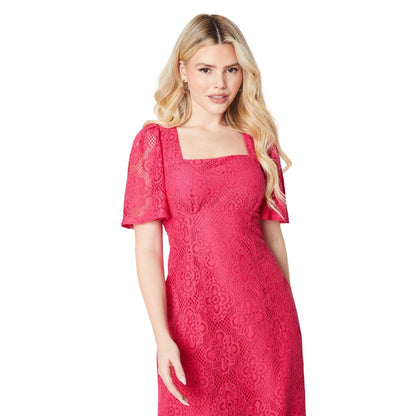 Hot Pink - Side - Dorothy Perkins Womens-Ladies Lace Detail Square Neck Midi Dress