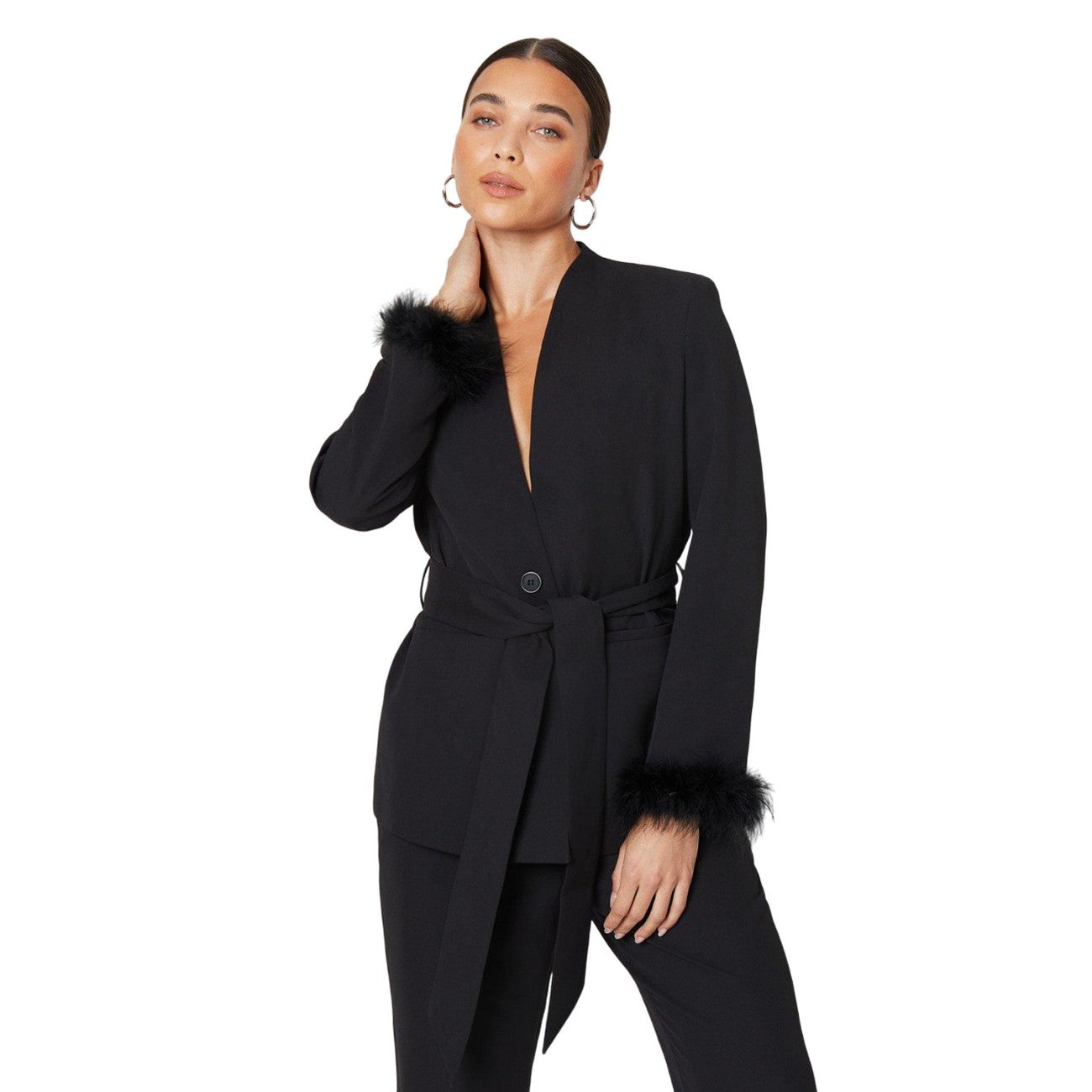 Black - Front - Dorothy Perkins Womens-Ladies Feather Cuff Petite Blazer