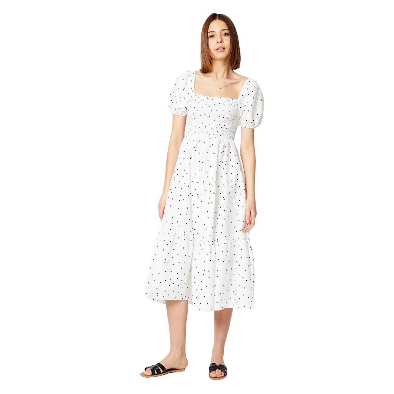 Ivory - Front - Dorothy Perkins Womens-Ladies Spotted Puff Sleeve Midi Dress
