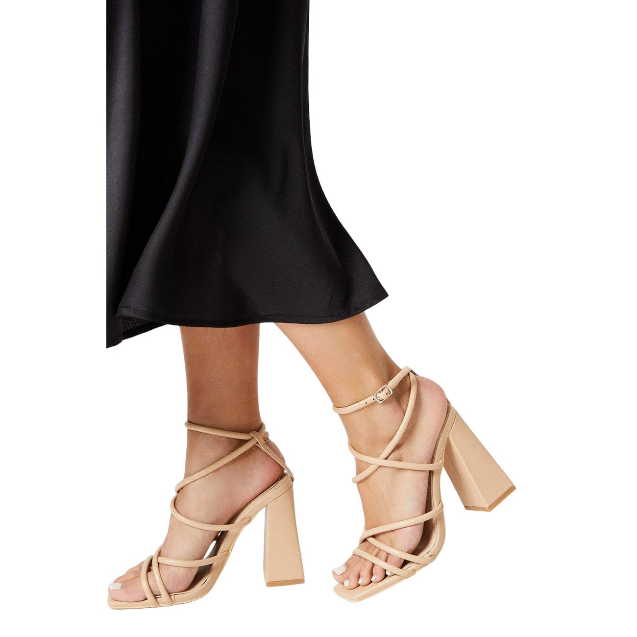 Nude - Side - Faith Womens-Ladies Carla Strappy High Block Heel Sandals
