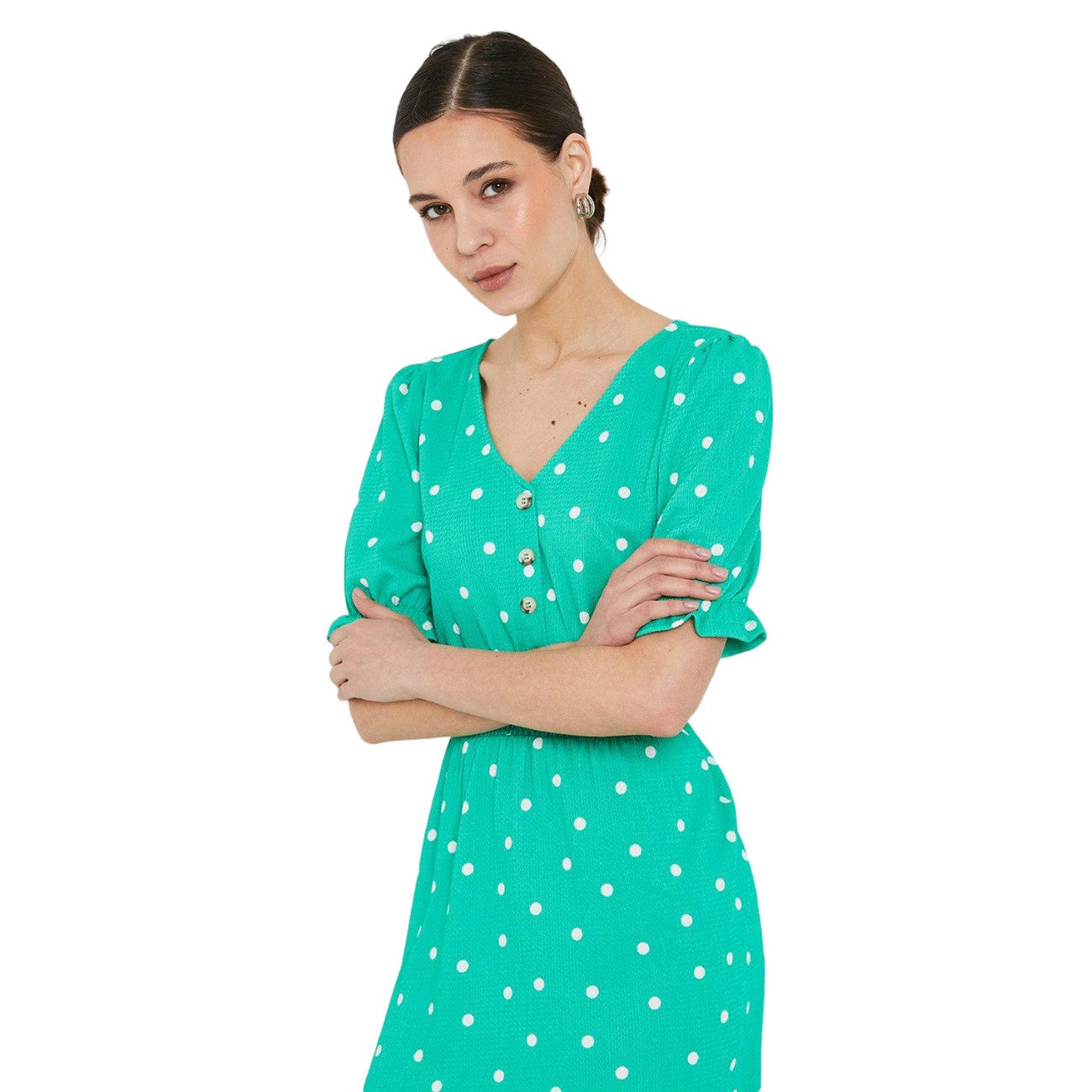 Green - Side - Dorothy Perkins Womens-Ladies Spotted Shirred Waist Midi Dress