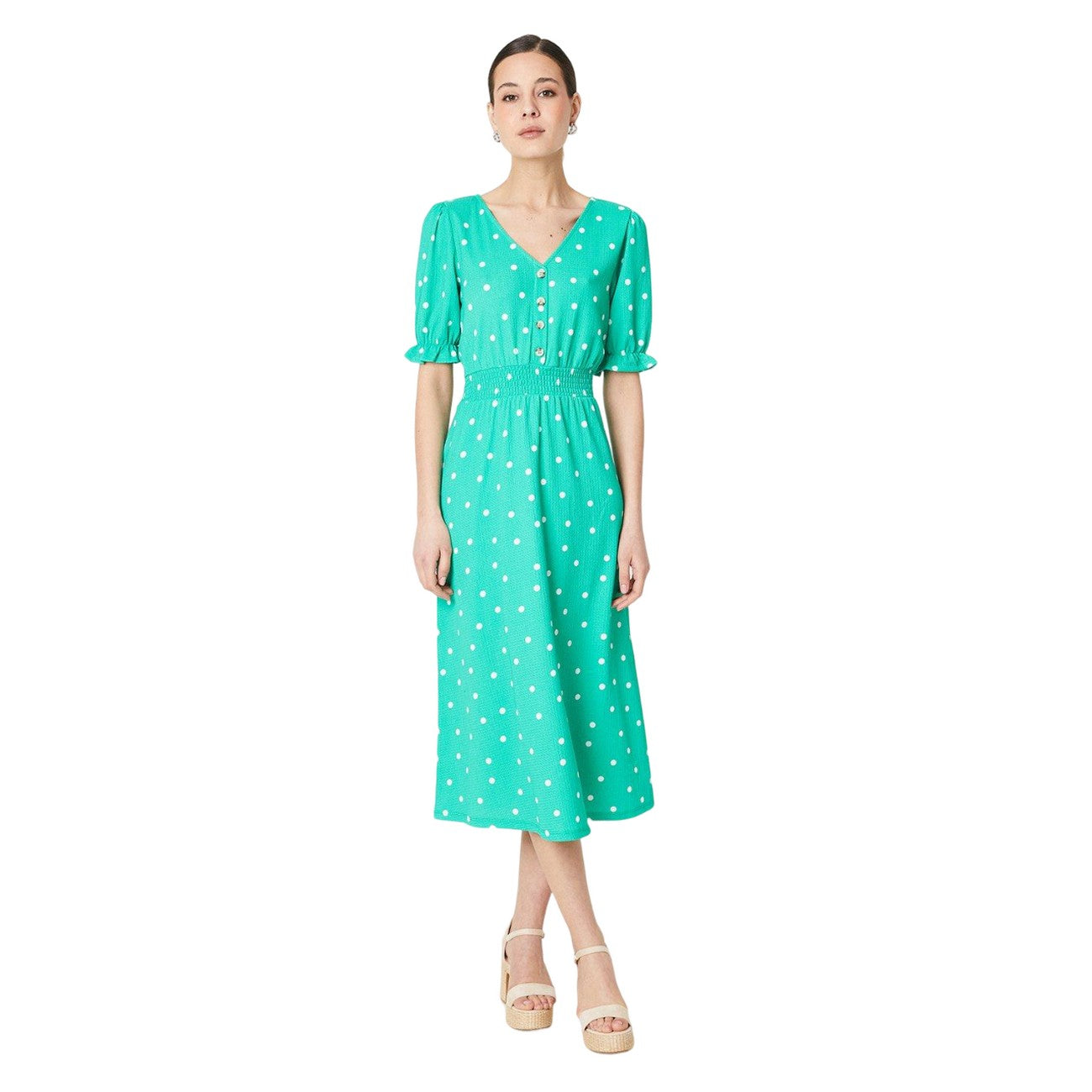 Green - Front - Dorothy Perkins Womens-Ladies Spotted Shirred Waist Midi Dress