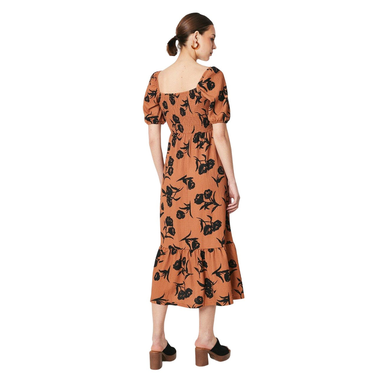 Orange-Black - Back - Dorothy Perkins Womens-Ladies Floral Shirred Midi Dress