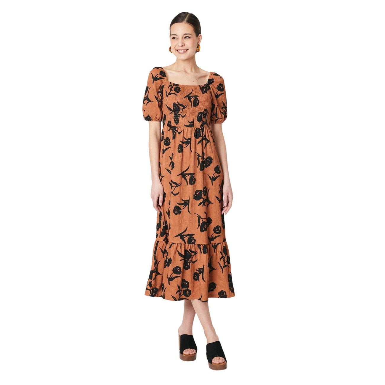 Orange-Black - Front - Dorothy Perkins Womens-Ladies Floral Shirred Midi Dress