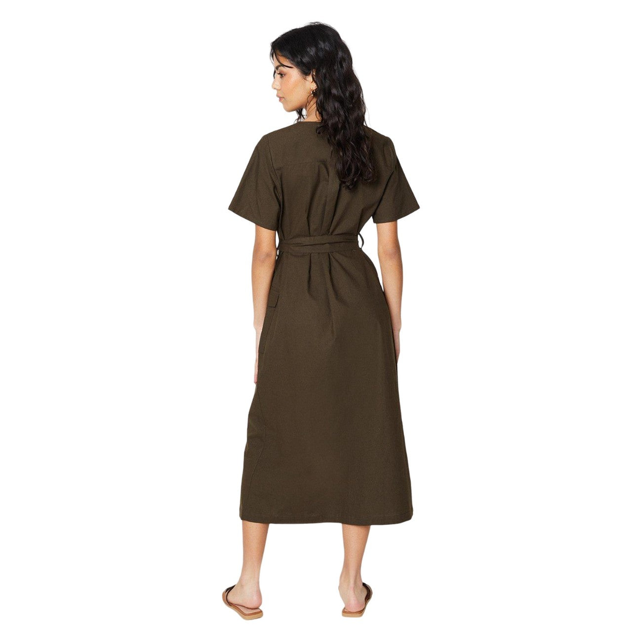 Khaki - Back - Dorothy Perkins Womens-Ladies Utility Petite Midi Shirt Dress