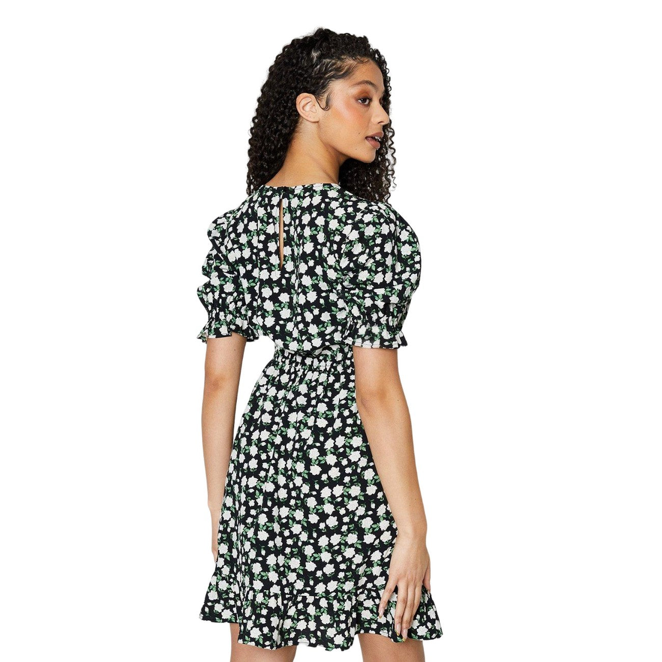 Black-White - Back - Dorothy Perkins Womens-Ladies Floral Frill Hem Tall Mini Dress