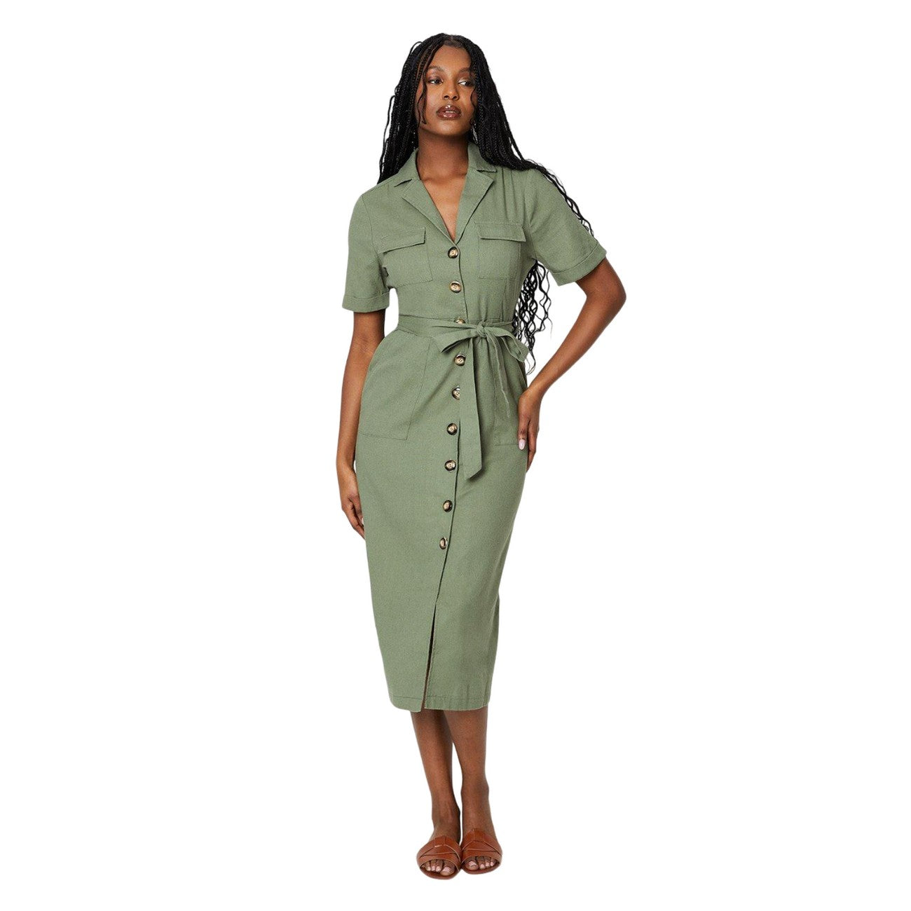 Sage - Front - Dorothy Perkins Womens-Ladies Utility Waist Tie Midi Shirt Dress