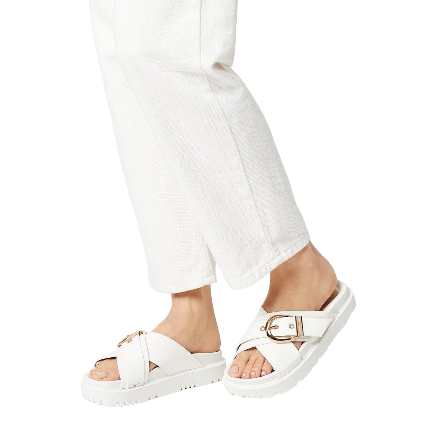 White - Side - Faith Womens-Ladies Mali Buckle Crossover Strap Sandals