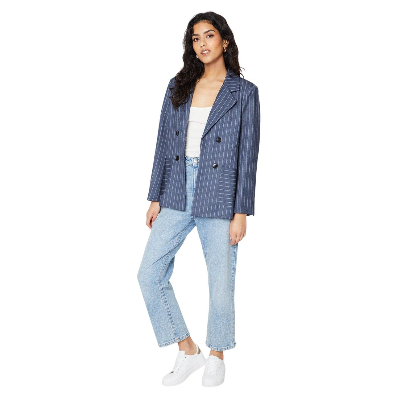 Denim Blue - Side - Dorothy Perkins Womens-Ladies Stripe Patch Pocket Petite Blazer