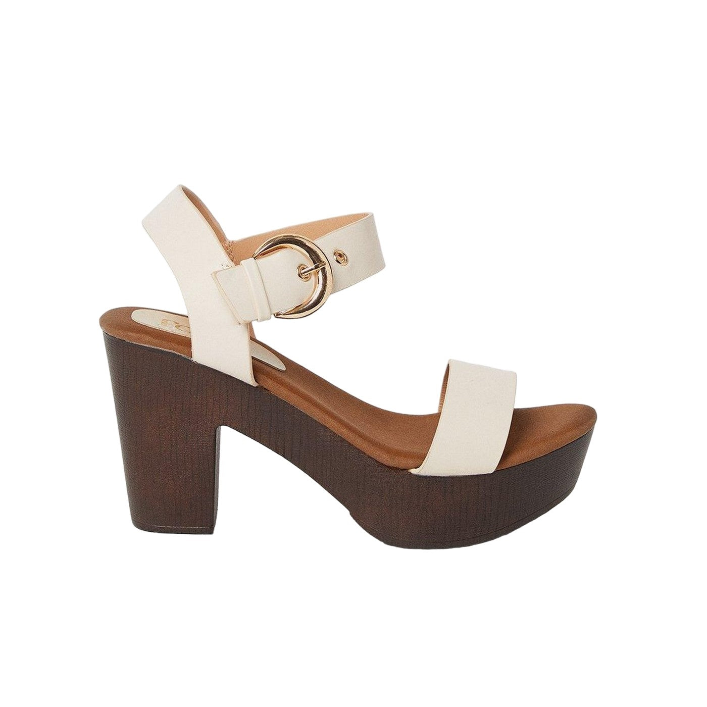 Beige - Back - Faith Womens-Ladies Eleanor Wood Effect Platform High Block Heel Sandals