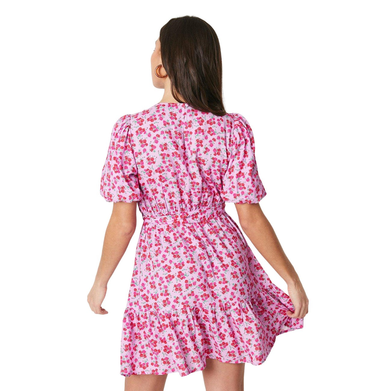 Pink - Back - Dorothy Perkins Womens-Ladies Ditsy Print Frill Hem Petite Mini Dress