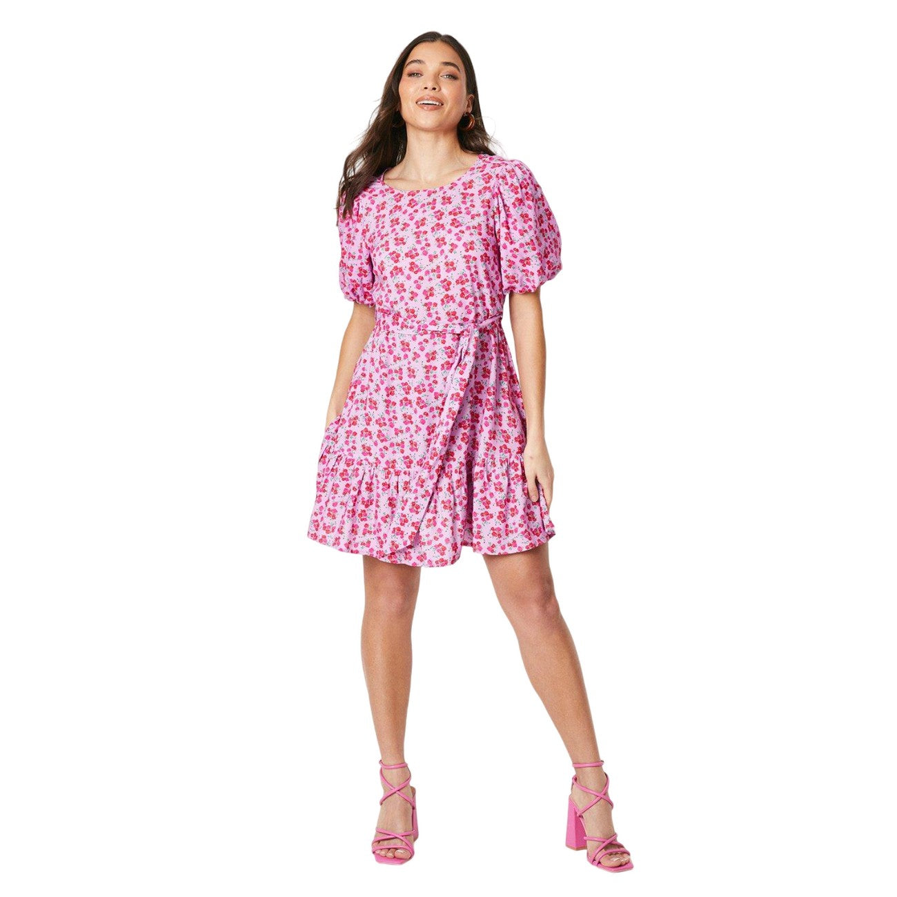 Pink - Side - Dorothy Perkins Womens-Ladies Ditsy Print Frill Hem Petite Mini Dress