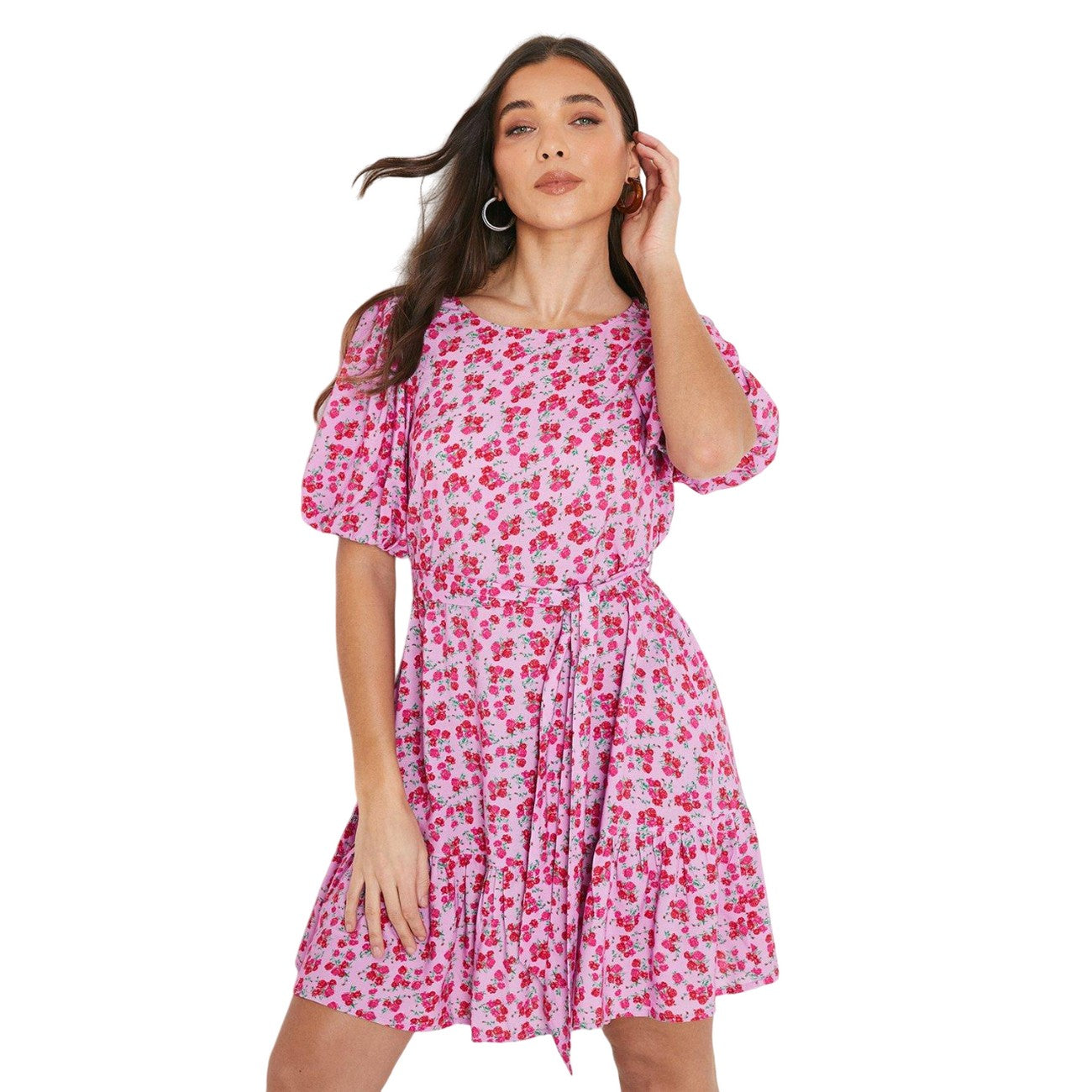 Pink - Front - Dorothy Perkins Womens-Ladies Ditsy Print Frill Hem Petite Mini Dress