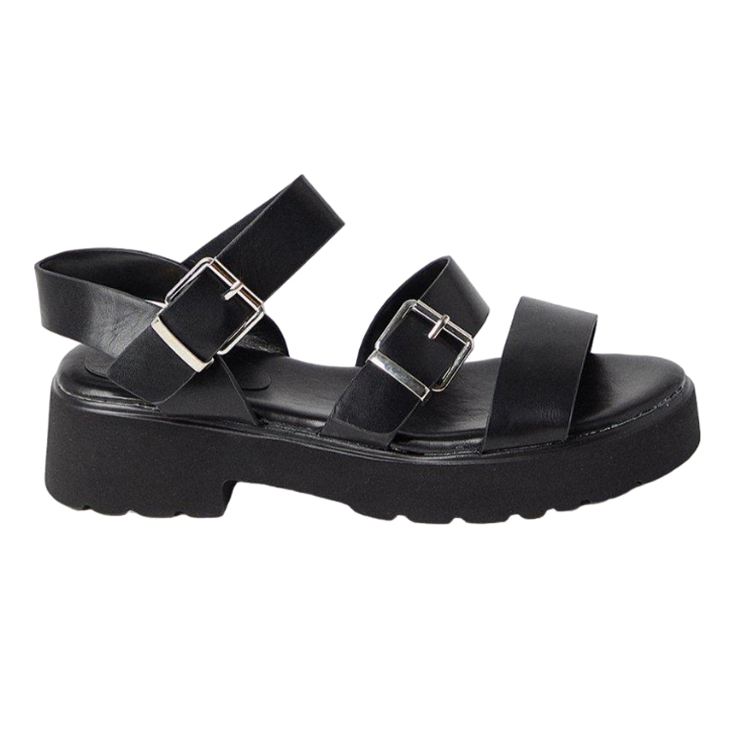 Black - Back - Faith Womens-Ladies Mickey Triple Strap Chunky Heel Sandals