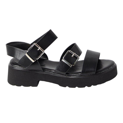Black - Back - Faith Womens-Ladies Mickey Triple Strap Chunky Heel Sandals