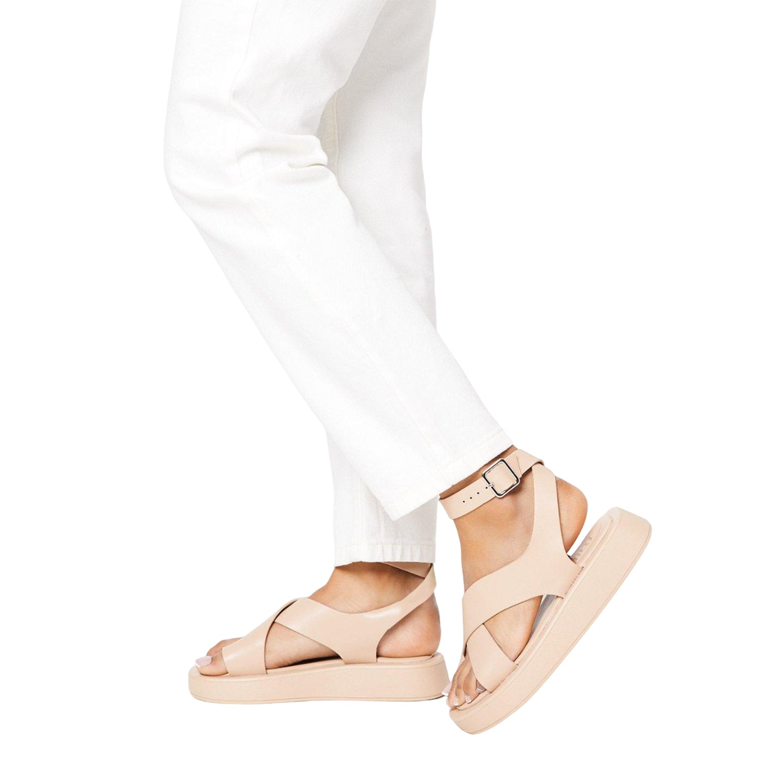 Beige - Side - Faith Womens-Ladies Mickey Crossover Strap Wedge