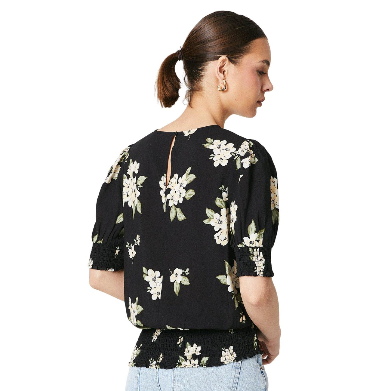 Black - Back - Dorothy Perkins Womens-Ladies Floral Shirred Hem Blouse
