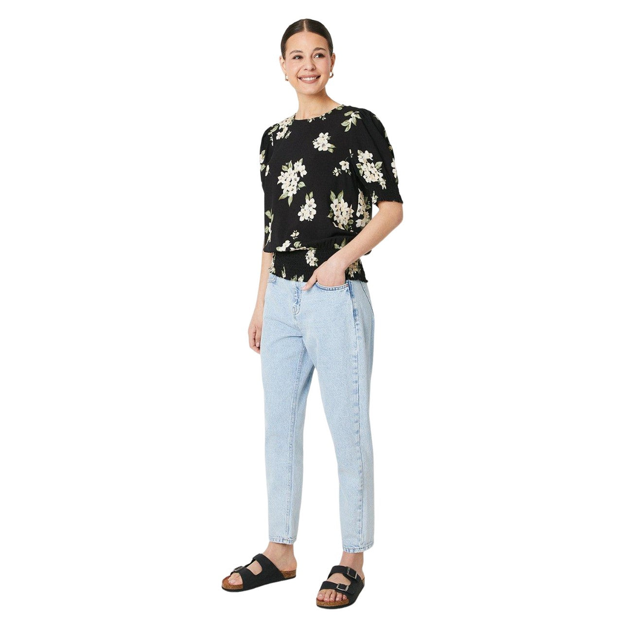 Black - Side - Dorothy Perkins Womens-Ladies Floral Shirred Hem Blouse