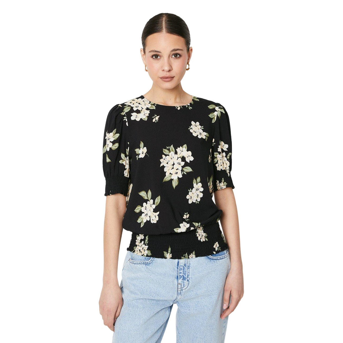 Black - Front - Dorothy Perkins Womens-Ladies Floral Shirred Hem Blouse